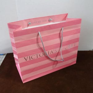 Vintage Victoria's Secret Pink Stripe Paper Gift Bag, 11 x 9 x 5 Inches, Laminated, Fabric Rope Handles, 1990s, "Give Me Sexy" Upcycle