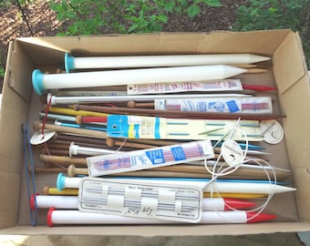 Box Lot of Knitting Needles, Several Sizes & Brands, Aluminum, Wood, Plastic, Double Points, Circular, Zephr, Hero, Ezy Knit, Princess