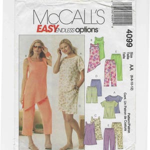 May include: McCall's 4099 sewing pattern envelope featuring illustrations of various clothing options including sleeveless tops, short-sleeved shirts, pants, and shorts. The pattern includes sizes 6, 8, 10, and 12, with multiple garment variations labeled A through E.