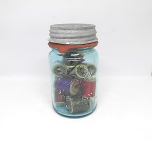 1940s Blue Ball Perfect Mason Pint Canning Jar with 14 Vintage Wood Spools of Thread, Zinc Lid, Milk Glass Liner, Mid Century, Coats, Star