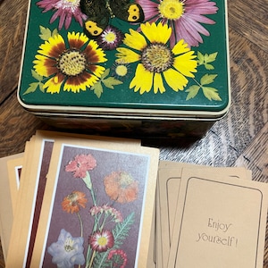 May include: A vintage tin box with a green lid featuring a floral design with a butterfly. The box is filled with blank cards with a floral design and a card with the text "Enjoy yourself!"