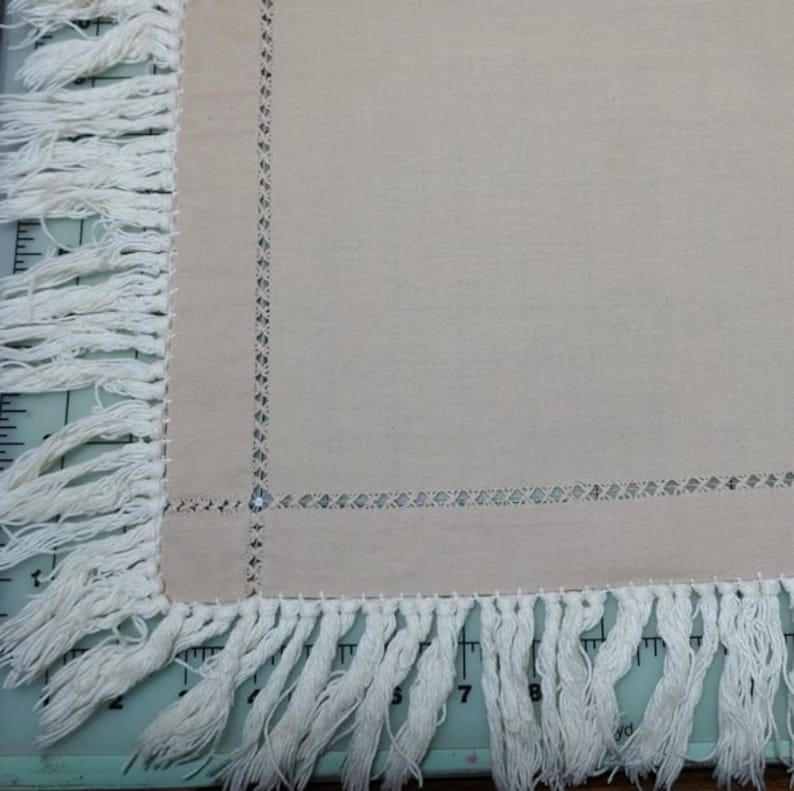 Vintage Dining Linens Textiles Cotton 1980s Tan Tablecloth with Ivory Knotted Fringe /& Drawn Work 54 Inches Square