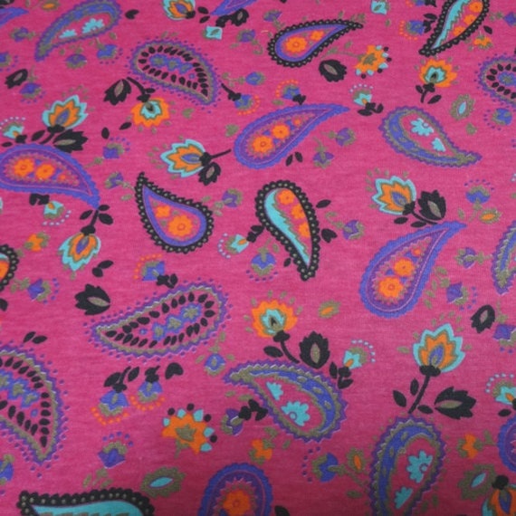 1980s Vintage Poly Cotton Blend Knit Dress Making Fabric in Hot Pink with Paisley Print, Cranston Print, BY the YARD, 60 In. Home Sew Fabric