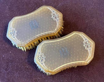 Set of 2 Vintage 1940s Men's Grooming Brushes with Monogram, Etched Flowers, Stiff Bristles