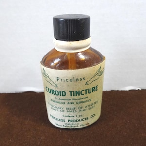 Brown Glass Bottle of Priceless Curoid Tincture, 1 oz., For Athletes Foot, NOT Viable, Non-Toxic, From 1950s, 3 Inches Tall, Upcycle Glass