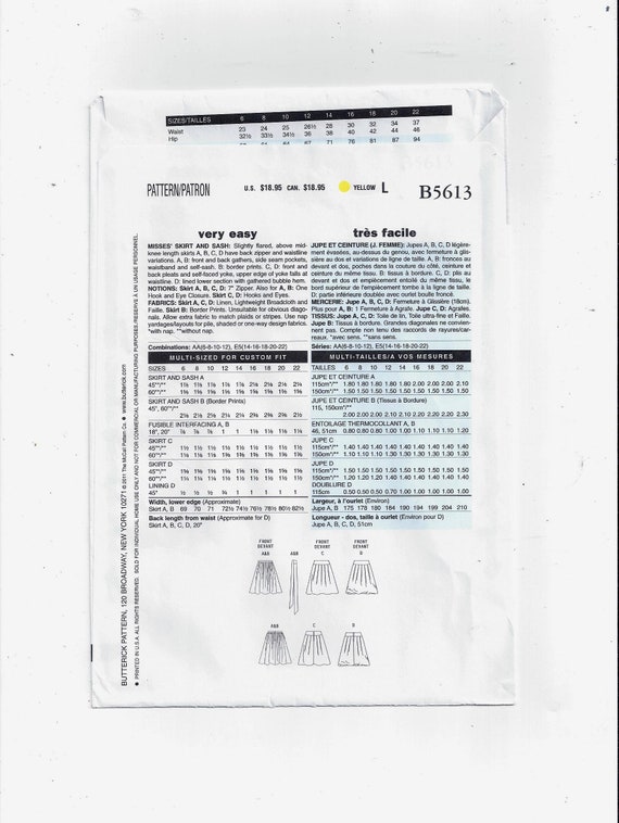 Slightly flared skirt and sash pattern Very Easy Misses' Above Knee Skirt Pattern Ladies Sizes: 6 Butterick 5613 8 10 12 Slightly flared skirt and sash pattern Very Easy Misses' Above Knee Skirt Pattern Ladies Sizes: 6 Butterick 5613 8 10 12