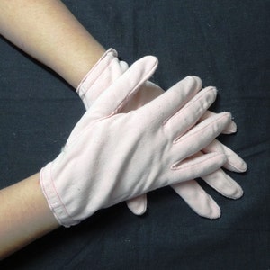 Vintage Child&#39;s Pink Gloves with Button at Wrist in Stretch Nylon, Circa 1960s or 1950s, Costume or Dress Up Gloves, Vintage Gloves