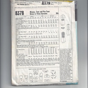 Mccall's 8378 Pattern for Teen Dress in 3 Versions, Size Teen 10-12 ...