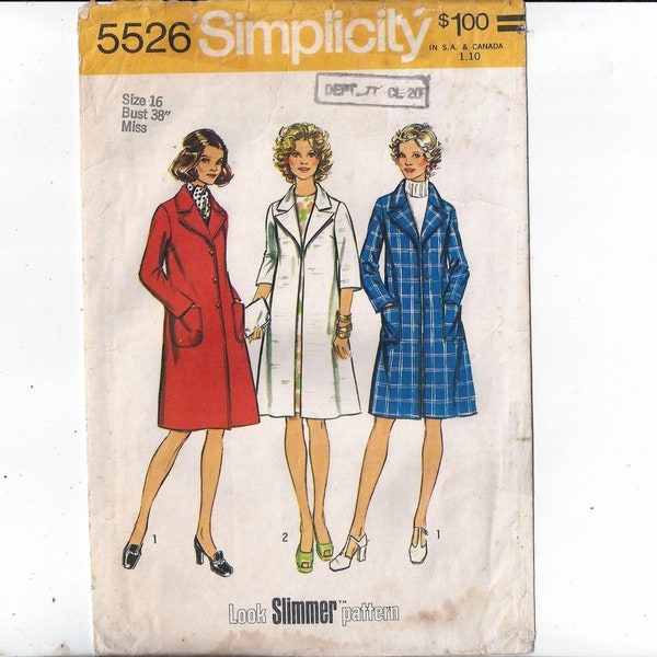 Simplicity 5526 Pattern for Misses' Lined Coat, Size 16, From 1973, Look Slimmer, Knee Length, Notched Collar, Patch Pockets, Fashion Sewing