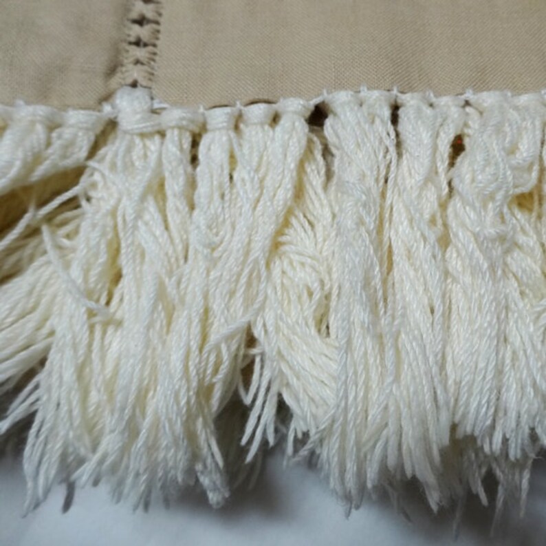 Vintage Dining Linens Textiles Cotton 1980s Tan Tablecloth with Ivory Knotted Fringe /& Drawn Work 54 Inches Square