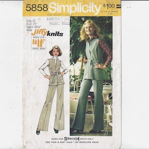 Simplicity 5858 Pattern for Misses&#39; Jiffy Knit Vest, Pants for Stretch Knits Only, Size 12, From 1973, Easy Cut Easy Sew, Upcycle Sewing