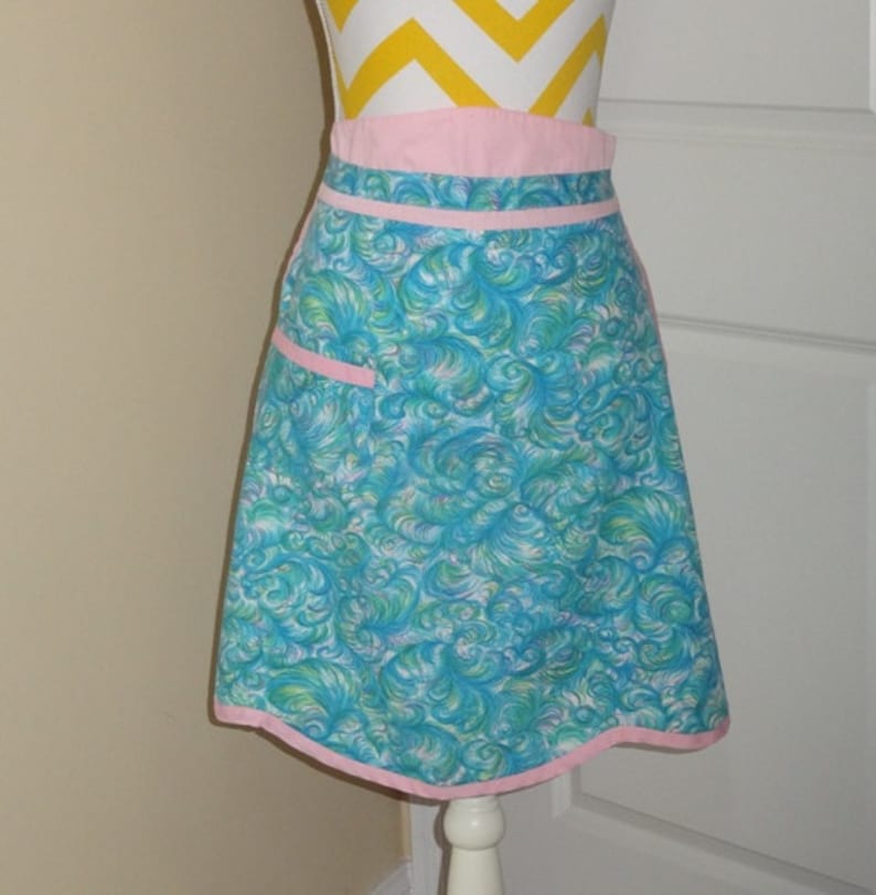 Cotton Kitchen Apron in Turquoise and Pink with Pocket Leaf Etsy