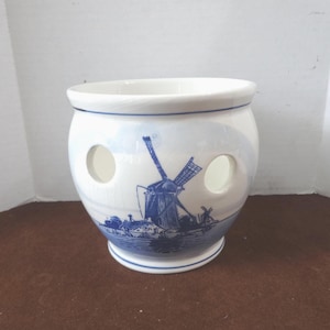 Holland Delft Blue & White Tulip Bowl, Hand Painted Windmill and Sailboats, 4.75 Inches Tall, 4.75 Inch Mouth, Some Crazing, 6 Holes, 1960s
