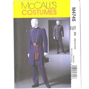 May include: McCall's Costumes pattern M4745. The pattern features a blue military-style uniform with gold buttons, a red sash, and matching pants. The package includes a smaller image of the uniform. Size XN (Xlg-Xxl-XXxl).
