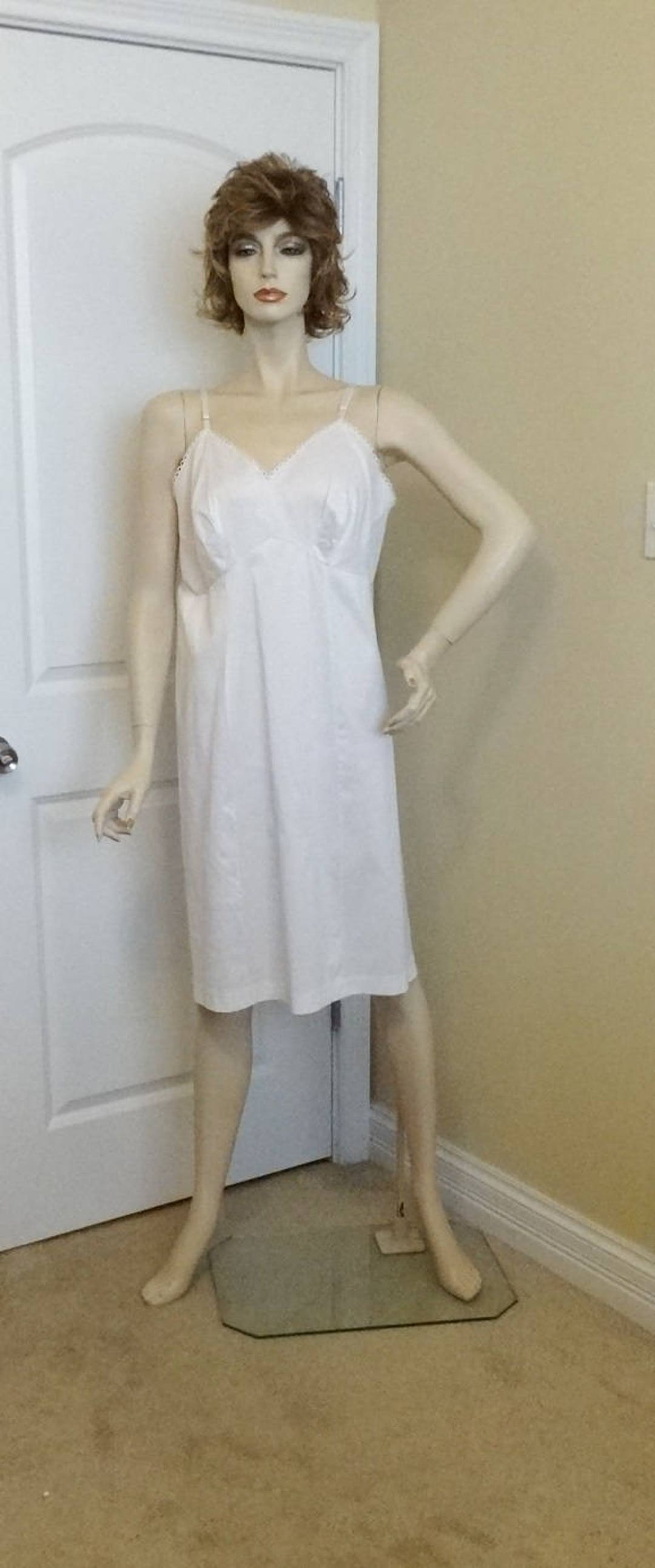 1960s Full Slip in LARGE White to Ivory, Lace Trim, Van Raalte, Nylon