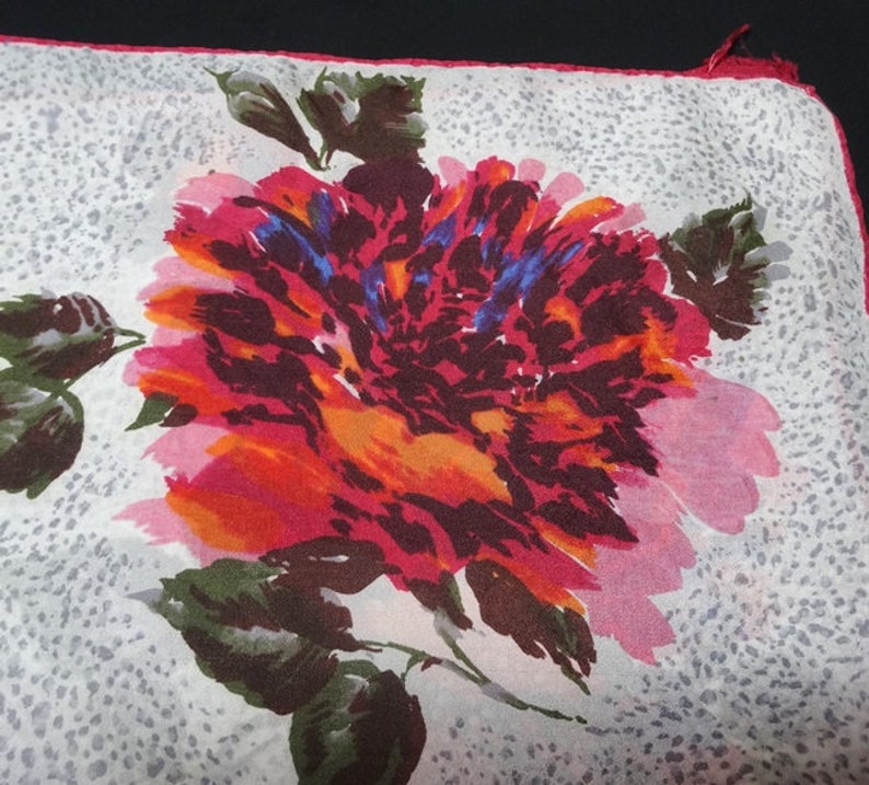 Red Tones Floral Scarf, Circa 1960s in Silk Blend, 30 Inches Square, Large Print Flowers, Vintage Fashion Accessory, Hand Rolled Hem image 3
