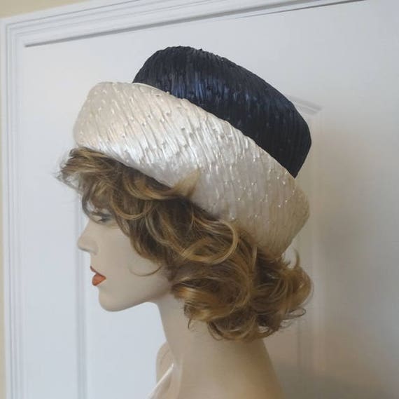 Vintage Ken Blair Navy and Ivory Straw Bowler Hat… - image 9