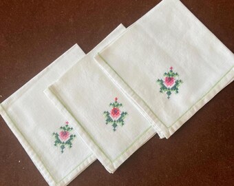 3 Cocktail Napkins with Hand Cross Stitch Embroidery for Bridge, Tea,  Luncheon, 9" Square