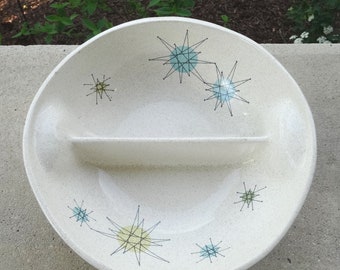 Franciscan Ware Starburst Divided Bowl, Mid Century Modern Dishes, Vintage Pottery Wares, Made in USA, Upcycle Dining, 1950s, 8.25 Inch D