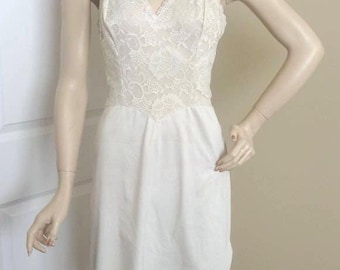 Sottoveste o sottoveste in pizzo vintage anni '50 color avorio, taglia 36, tipo taffetà di nylon, corpetto foderato, spalline regolabili, lingerie vintage