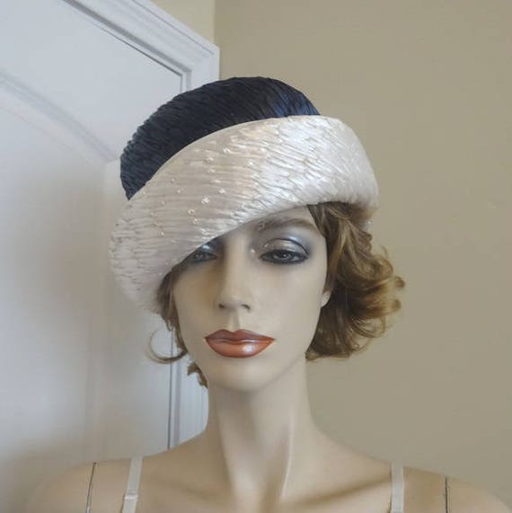 Vintage Ken Blair Navy and Ivory Straw Bowler Hat… - image 5