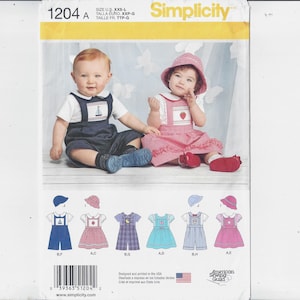 May include: Simplicity sewing pattern 1204 A for children's clothing. The pattern includes instructions for making a blue and white sailor-style outfit and a pink and white gingham dress. The pattern is for sizes XXS-L.