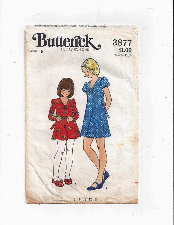 Butterick 3877 for Girls' Dress, Size 8, From 1970s, Semi Fitted With Self Fabric Knot at Center, Vintage Home Sewing Fashion