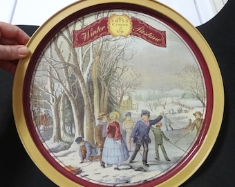 Currier & Ives Metal Tray with 1855 Winter Ice Skating Scene, 13 Inch Diameter, From 1994 Olive Can, Home Decor, Collectible Serving Piece