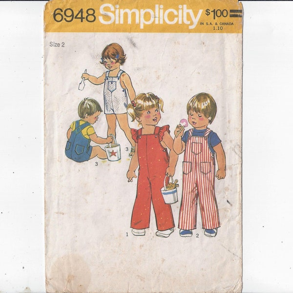 Simplicity 6948 Pattern for Toddler's Overalls in 2 Lengths, Size 2, From 1975, Crisscross Suspenders, Home Sewing Fashion, Upcycle Supply