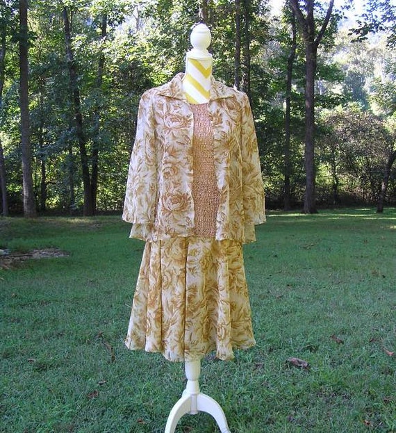 1980s Vintage Gold & Tan 3 Piece Dress, Flowing Ro