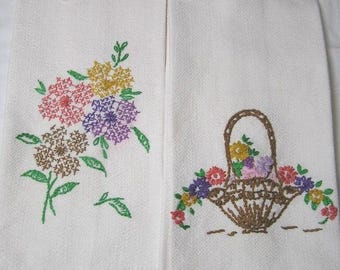 2 Vintage 1960s Pebbled Linen White Guest or Hand Towels with Hand Embroidery of Basket & Cross-Stitch Flowers by Boott Mills, Lowell, Mass.