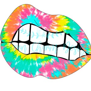 May include: Tie-dye lips with a toothy grin. The lips are pink, orange, yellow, and blue.