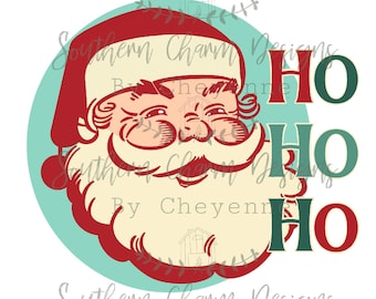 May include: A vintage-style illustration of Santa Claus with a red hat and white beard, set against a teal circle with the text "HO HO HO" in green letters. The text "Southern Charm Designs By Cheyenne" appears below the circle.