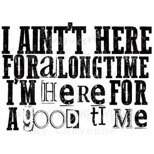 May include: Black and white graphic text design that reads "I ain't here for a long time I'm here for a good time" with the words "By Cheyenne" at the bottom.