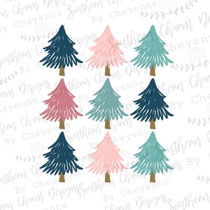 Può includere: Nove illustrazioni di alberi di Natale disegnate a mano in varie tonalità di rosa, blu e verde. Gli alberi sono tutti di dimensioni e forme diverse e sono tutti su uno sfondo bianco.