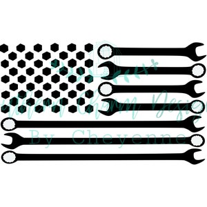 Puede incluir: Diseño de llave inglesa en blanco y negro en forma de bandera estadounidense. La bandera está compuesta por llaves inglesas con un patrón de panal en el fondo.