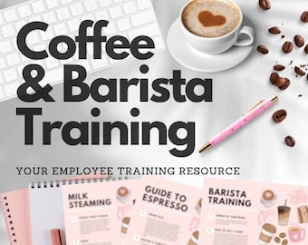 May include: A pink and white printable guide for barista training. The guide includes sections on milk steaming, guide to espresso, and barista training. The text "Coffee & Barista Training" is at the top of the page.