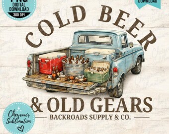 Vintage Truck PNG Cold Beer & Old Gears PNG Country Mens Shirt Design Beer Sublimation PNG Retro Pickup Truck Digital Download Dtf