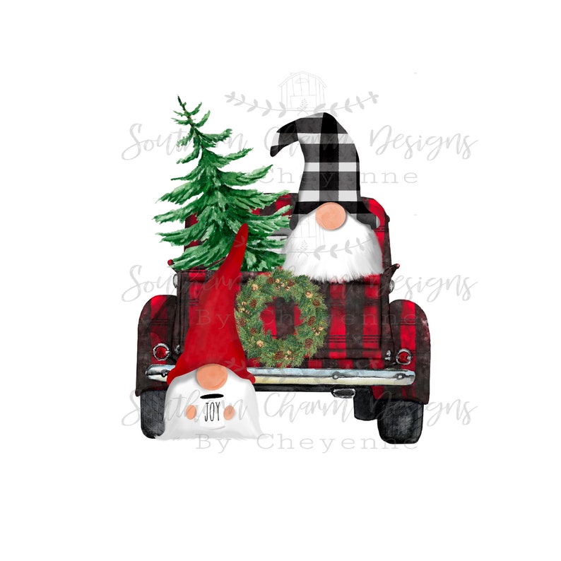 May include: A watercolor illustration of a red and black plaid truck carrying two gnomes, a Christmas tree, and a wreath. One gnome wears a red hat, the other a black and white checkered hat. The word "JOY" is printed on the front of the truck.