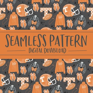 May include: Seamless pattern design featuring orange football helmets, sweaters with "Vols" text, footballs, bows, and a dog illustration on a dark gray background. The text "SEAMLESS PATTERN DIGITAL DOWNLOAD" is displayed in an orange banner.