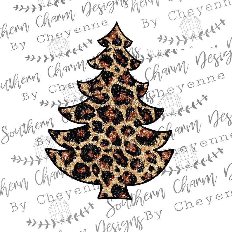 May include: A gold and brown glitter Christmas tree with a leopard print design.