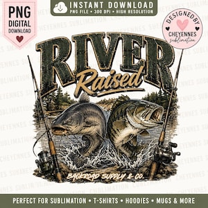 Può includere: Un design grafico digitale con il testo River Raised e Backroad Supply & Co. L'immagine mostra due pesci che saltano fuori dall'acqua, affiancati da due canne da pesca con mulinelli. Il design include uno sfondo boschivo e spruzzi d'acqua.