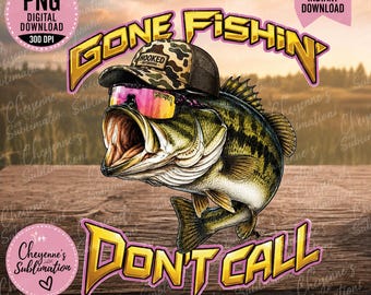 Gone Fishin’ Bass PNG | Camo Hat Sunglasses Fishing Design (Digital Download)