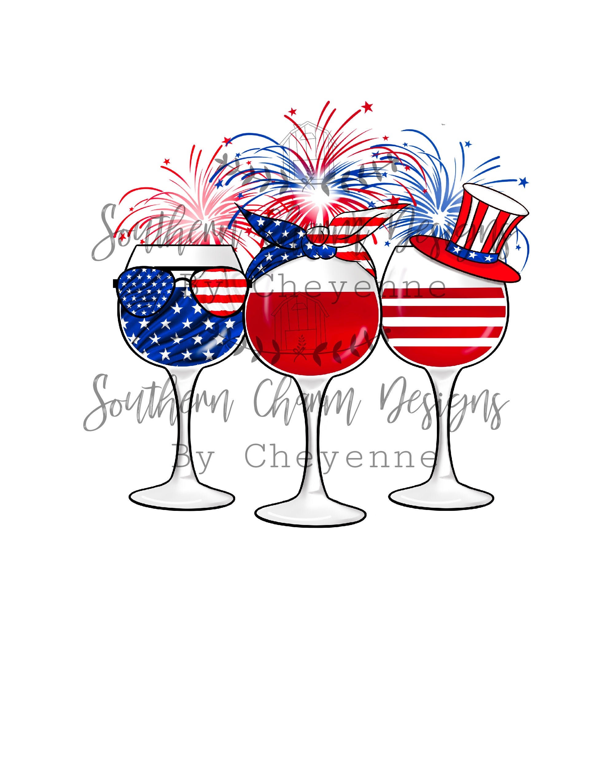 Patriotic 4th of July Wine Glass Trio PNG DIGITAL DOWNLOAD for sublimation  or screens