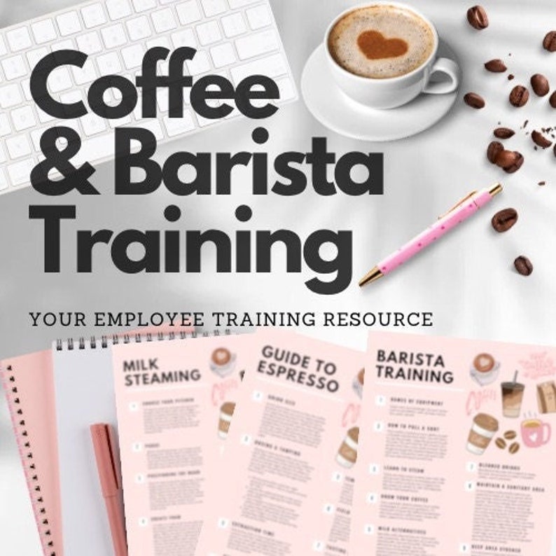 K&ouml;nnte beinhalten: Ein rosa-wei&szlig;er druckbarer Leitfaden f&uuml;r Barista-Schulungen. Der Leitfaden umfasst Abschnitte &uuml;ber Milchaufsch&auml;umen, Espresso-Anleitung und Barista-Schulung. Der Text "Coffee & Barista Training" befindet sich oben auf der Seite.