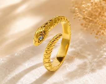 Gold Snake Ring Adjustable PVD Gold Ring Non Tarnish Waterproof Jewelry Snake Wrap Ring Trendy Statement Ring for Women