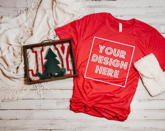 Bella Canvas maqueta de Navidad maqueta 3001cvc Heather Red DIGITAL DESCARGAR camiseta Mockup Apparel Photography