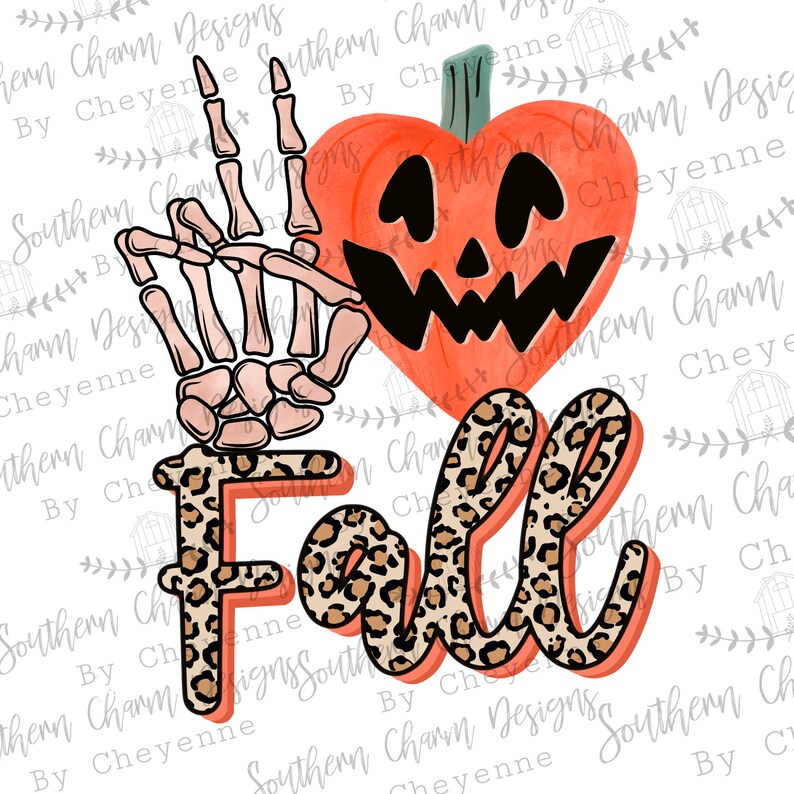 K&ouml;nnte beinhalten: Eine Aquarell-Illustration eines K&uuml;rbisses mit einem gruseligen Gesicht in Form eines Herzens. Der K&uuml;rbis befindet sich neben einer Skeletthand, die das Peace-Zeichen zeigt. Die Worte "Fall" sind in Leopardenmuster geschrieben.