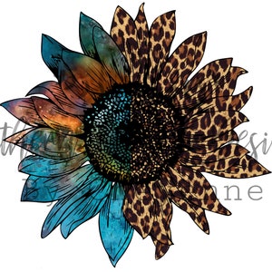May include: A watercolor sunflower with a blue and brown galaxy design on one half and a leopard print design on the other half.