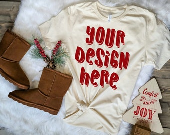 Navidad Mockup Bella Canvas 3001 Natural Neutral Navidad Fondo Digital Lay Flat Descargar para camisetas